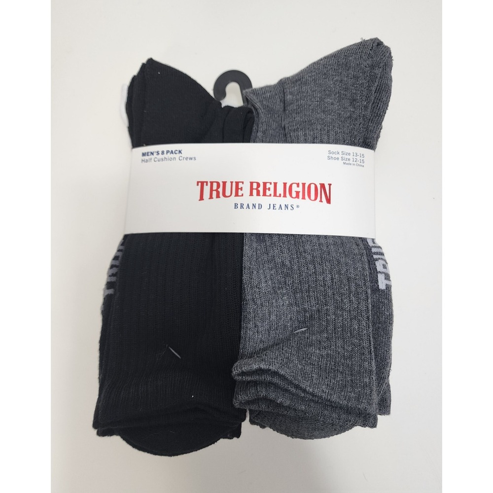 True Religion Mens 8 Pack Blk White Gray Half Cushion Crew Socks Shoe Sz 12-15